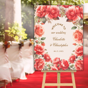 Poster Aquarelle romantique Roses rouges Mariage Bienvenu