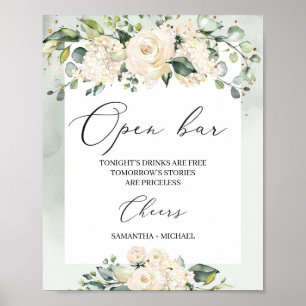 Poster Aquarelle rose blanche roses verdure feuillage boh