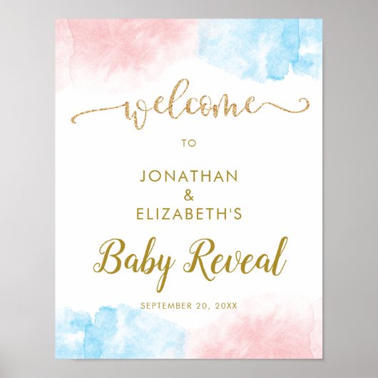 Poster Aquarelle rose bleu Parties scintillant Révélation (Devant)