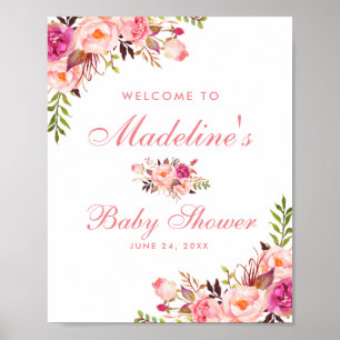 Poster Aquarelle rose Blush Baby shower Floral Bienvenue