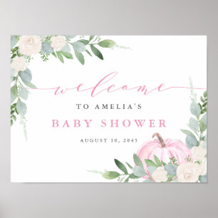 Poster Aquarelle rose Citrouille vert Baby shower d'autom