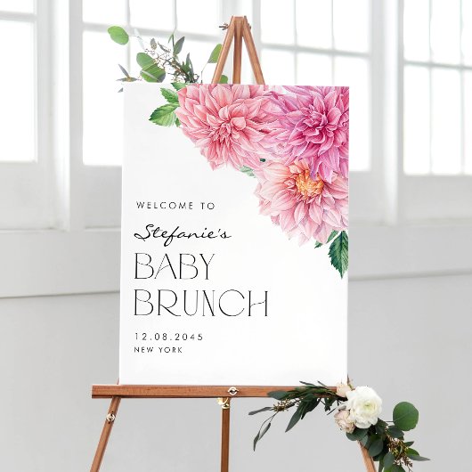 Poster Aquarelle rose Dahlia Printemps Bébé Brunch Bienve