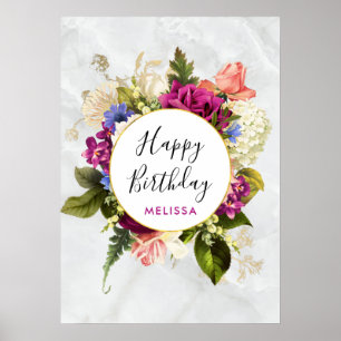 Poster Aquarelle rose et blanc moderne Fleur Anniversaire