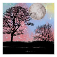 Aquarelle Rose Et Bleu Ciel Arbres Et Lune