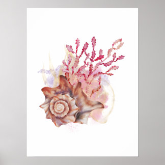 Poster Aquarelle rose et or Coquillage moderne Art mur