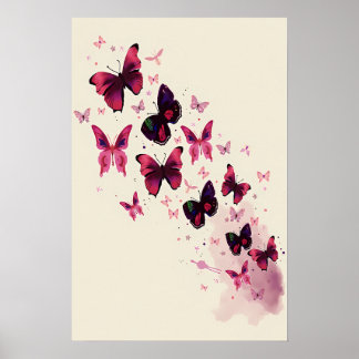 Poster Aquarelle rose et violet papillon Art