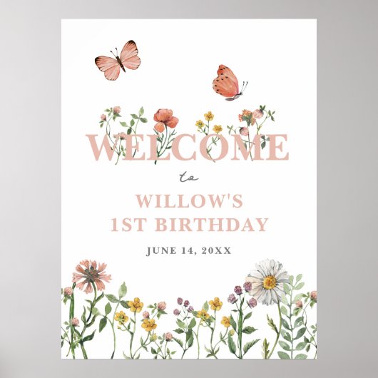 Poster Aquarelle rose Fleur sauvage 1er anniversaire Bien (Devant)