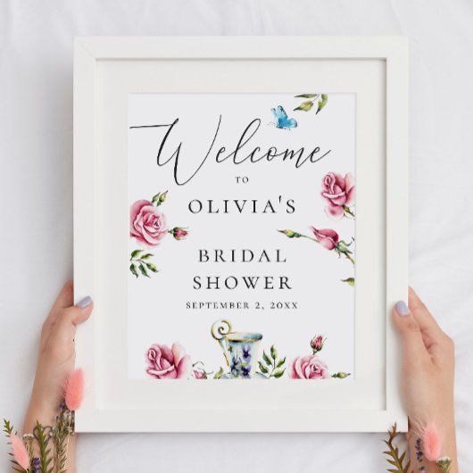 Poster Aquarelle rose fleurie bienvenue nuptiale