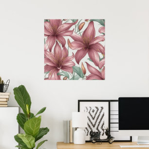 Poster Aquarelle rose Fleurs Lys