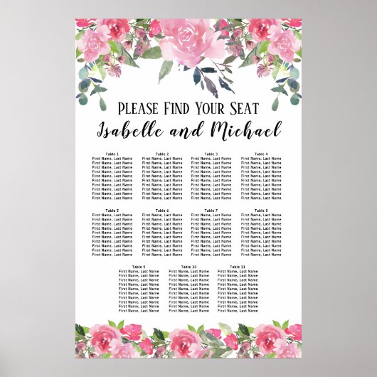Poster Aquarelle rose Floral 11 tables (Devant)