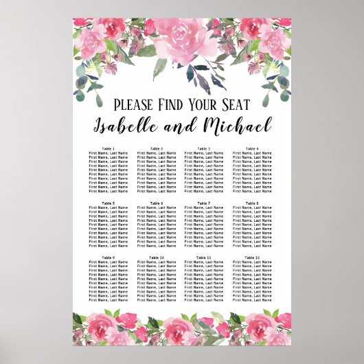 Poster Aquarelle rose Floral 12 tables (Devant)