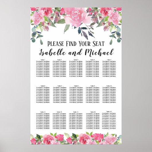 Poster Aquarelle rose Floral 15 tables (Devant)
