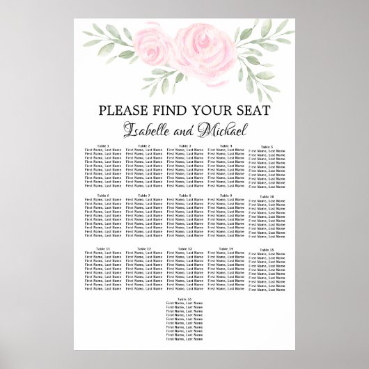 Poster Aquarelle rose Floral 16 tables (Devant)