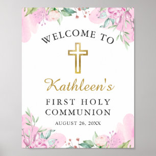 Poster Aquarelle rose Floral 1ère Sainte Communion Bienve