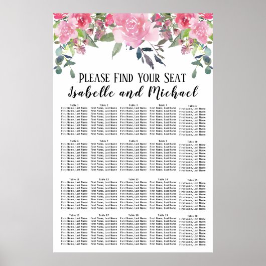 Poster Aquarelle rose Floral 20 tables (Devant)