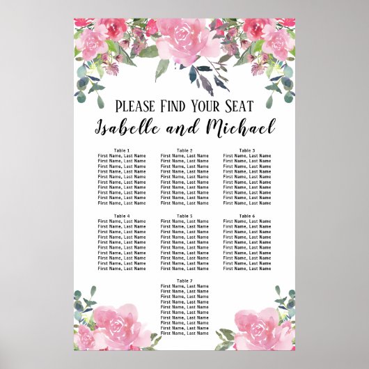 Poster Aquarelle rose Floral 7 tables (Devant)