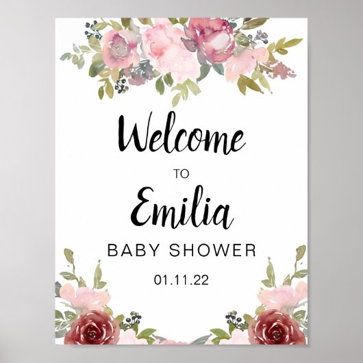 Poster aquarelle rose floral baby shower élégant (Devant)