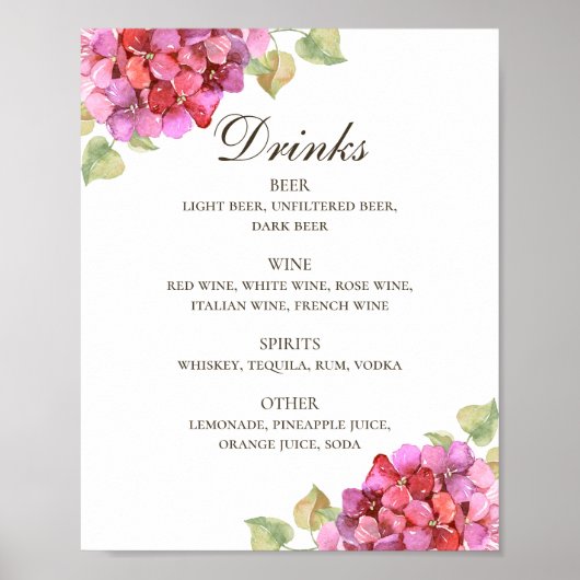 Poster Aquarelle rose floral mariage alcool bar (Devant)