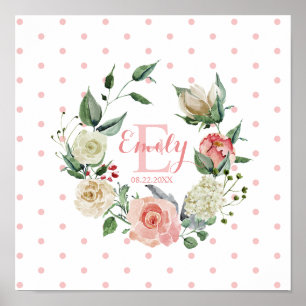 Poster Aquarelle rose Floral Pois fille Nursery