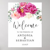 Poster Aquarelle rose Fuchsia floral Mariage d'accueil (Devant)