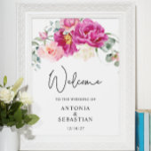 Poster Aquarelle rose Fuchsia floral Mariage d'accueil