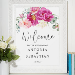 Poster Aquarelle rose Fuchsia floral Mariage d'accueil