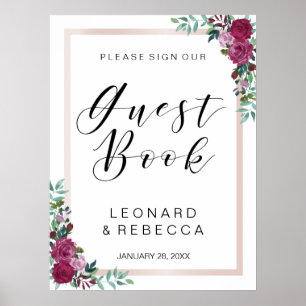 Poster Aquarelle rose Guest Book signe calligraphie