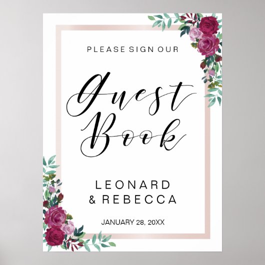 Poster Aquarelle rose Guest Book signe calligraphie (Devant)