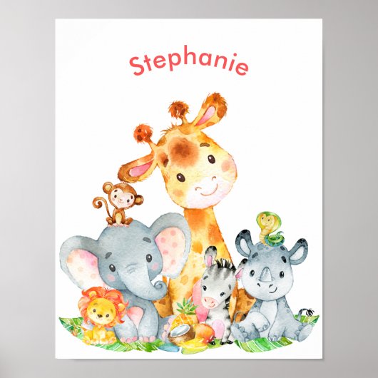 Poster Aquarelle rose mignonne Safari Jungle Animaux (Devant)