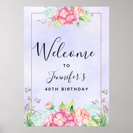 Poster Aquarelle rose moderne Cadre Floral Anniversaire (Devant)