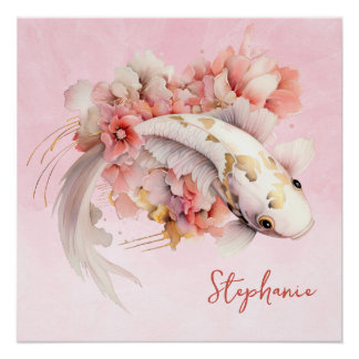 Poster Aquarelle rose or Koi poisson floral personnalisé