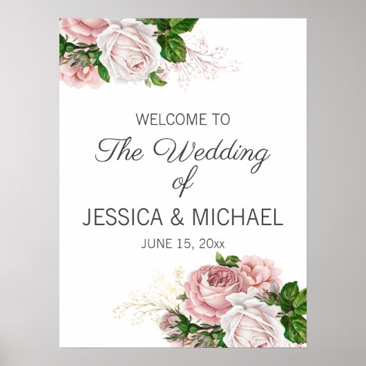 Poster Aquarelle rose pâle Mariage Floral Bienvenue (Devant)