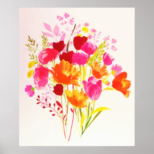 Poster Aquarelle Rose Pêche Prairie Florale (Devant)