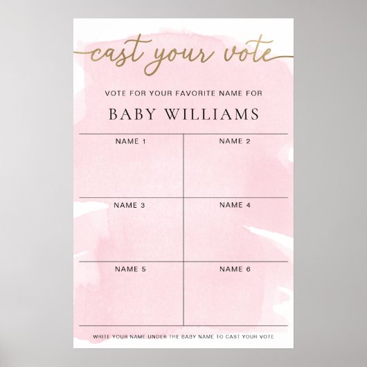Poster Aquarelle rose Publiez Votre Vote Nom Du Bébé Vote (Devant)