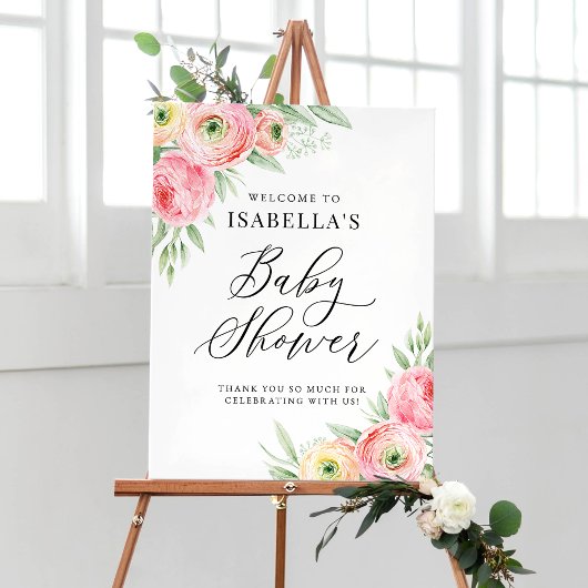 Poster Aquarelle rose Ranunculus Baby shower Bienvenue