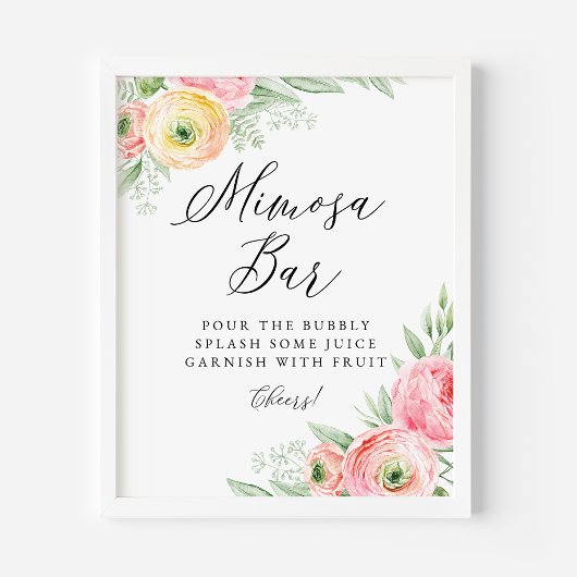 Poster Aquarelle rose Ranunculus Fleurs Mimosa Bar