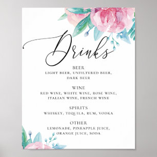 Poster Aquarelle rose rose floral script mariage boissons