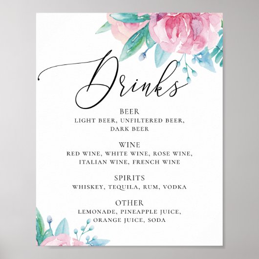 Poster Aquarelle rose rose floral script mariage boissons (Devant)
