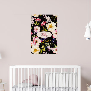 Poster Aquarelle rose Roses jaunes sur noir, Monogramme