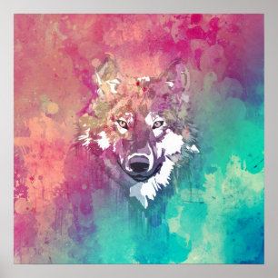 Poster Aquarelle rose Turquoise Artistique Loup Abstrait