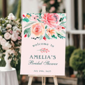 Poster Aquarelle rose vert Fête des mariées Florale Bienv