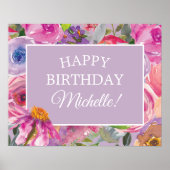 Poster Aquarelle rose violet Fleurs sauvages heureux anni (Devant)