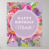 Poster Aquarelle rose violet Fleurs sauvages Joyeux anniv (Devant)