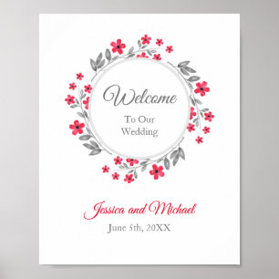 Poster Aquarelle rouge, gris, couronne de fleurs