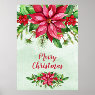 Poster Aquarelle Rouge Poinsettia Fleur Noël