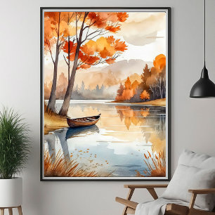 Poster Aquarelle Rustique Automne Automne Arbres Lac Rowb