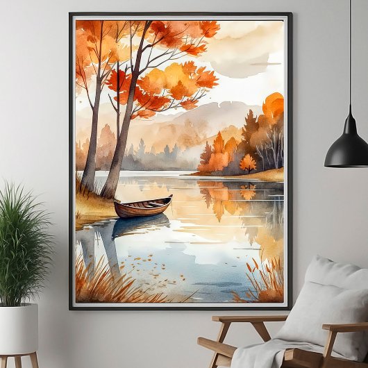 Poster Aquarelle Rustique Automne Automne Arbres Lac Rowb