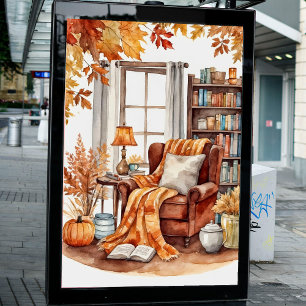 Poster Aquarelle Rustique Automne Lecture Nook