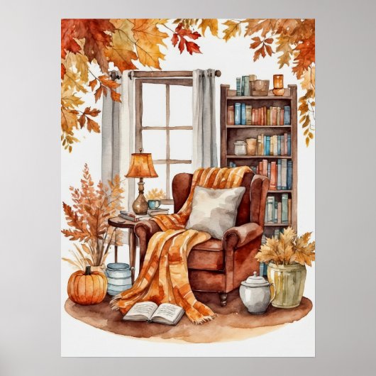Poster Aquarelle Rustique Automne Lecture Nook (Devant)