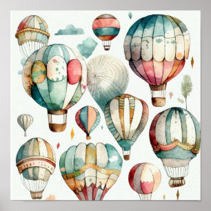 Poster Aquarelle rustique Ballons à air chaud Art Imprime